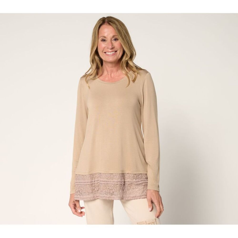 Splendid Women's Top Plus Sz 2X Long Sleeve Lace Hem Brown